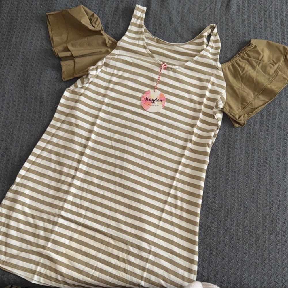 Hayden Los Angeles Olive and White Striped Tee dress NWT Cold Shoulder